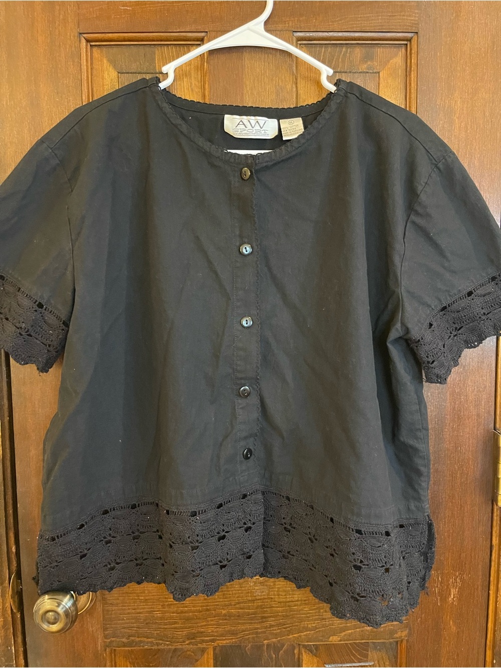 AW Sport Black Lace Trim Button-Up Top Size XL - Picture 4 of 5